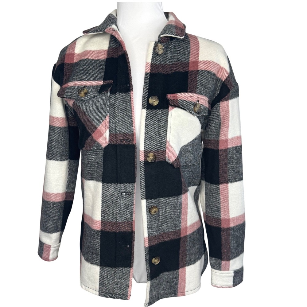 H&M Girls Pink Black White Plaid Wool‎ Blend Shacket Shirt Jacket Size 12
